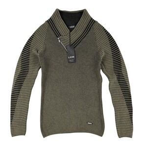 LCR Sweater Mens L Olive Black Ribbed Knit Shawl Collar Long Sleeve Pullover